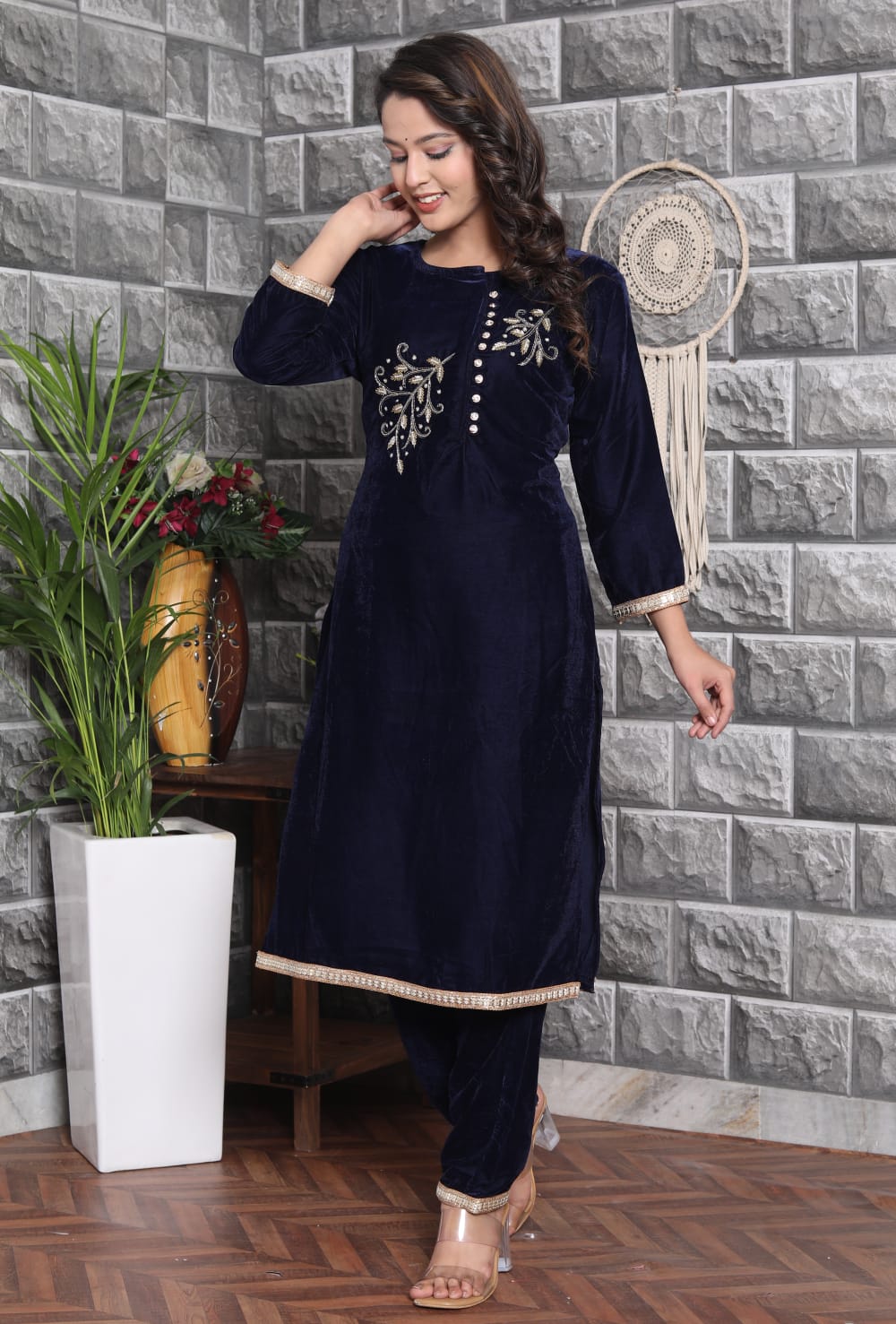 Velvet Co-ord Set with Adda Work