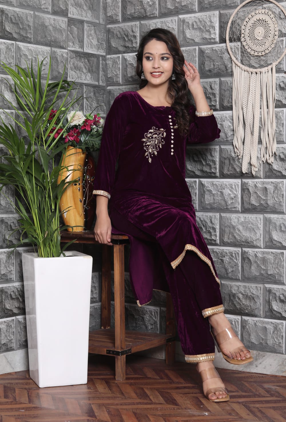 Velvet Co-ord Set with Adda Work