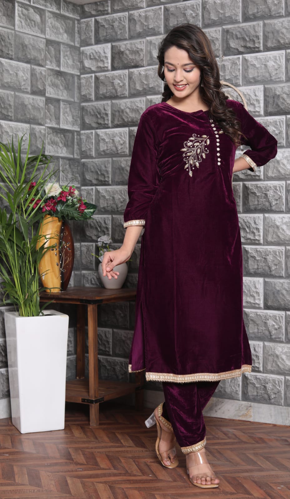 Velvet Co-ord Set with Adda Work