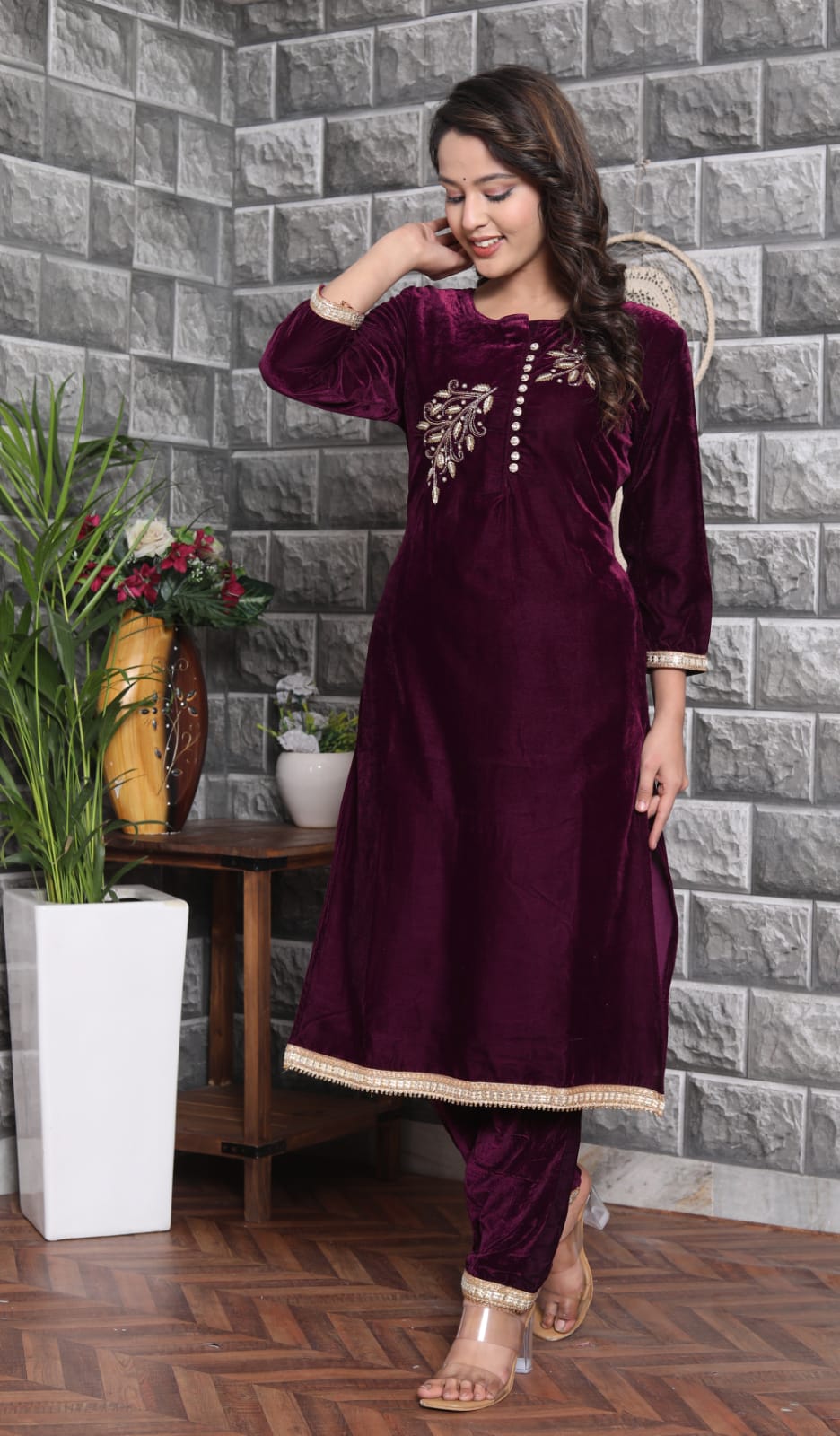 Velvet Co-ord Set with Adda Work