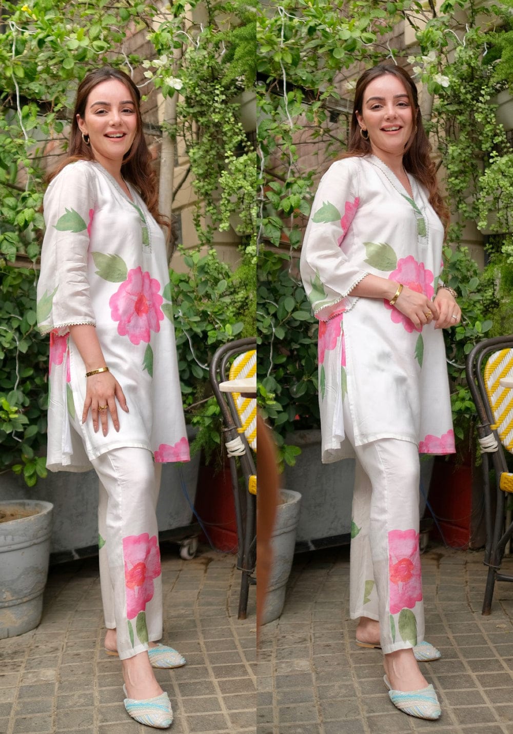 Floral Maslin Digital Print Kurta Pant Set with Lace Work