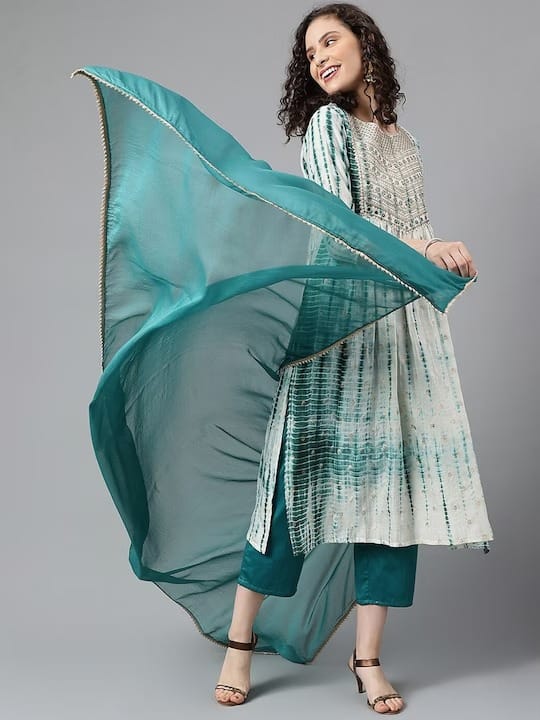 Turquoise Blue Rayon Thread Work Kurti Set with Trouser and Dupatta