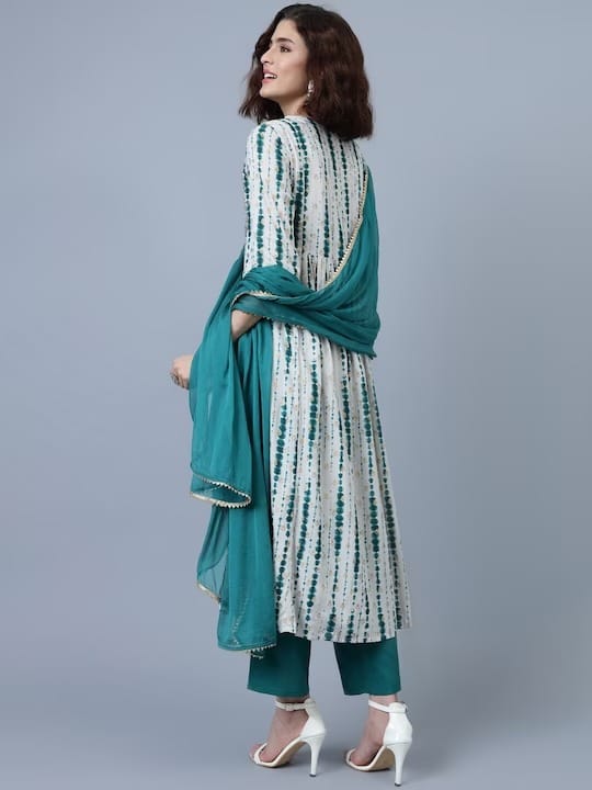 Turquoise Blue Rayon Thread Work Kurti Set with Trouser and Dupatta