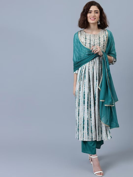 Turquoise Blue Rayon Thread Work Kurti Set with Trouser and Dupatta