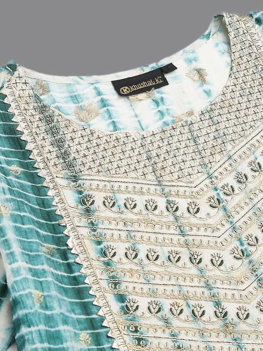 Turquoise Blue Rayon Thread Work Kurti Set with Trouser and Dupatta