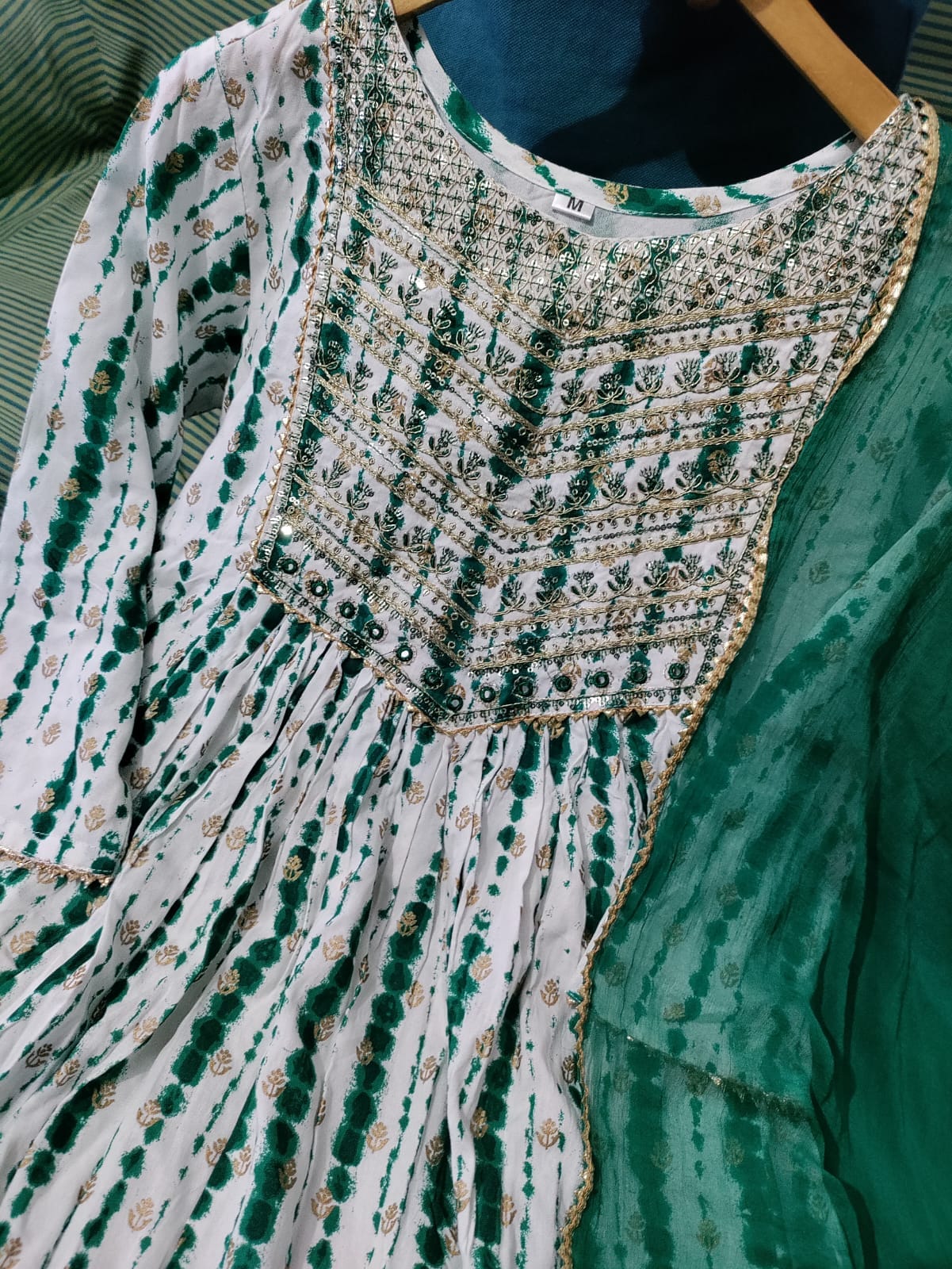 Turquoise Blue Rayon Thread Work Kurti Set with Trouser and Dupatta