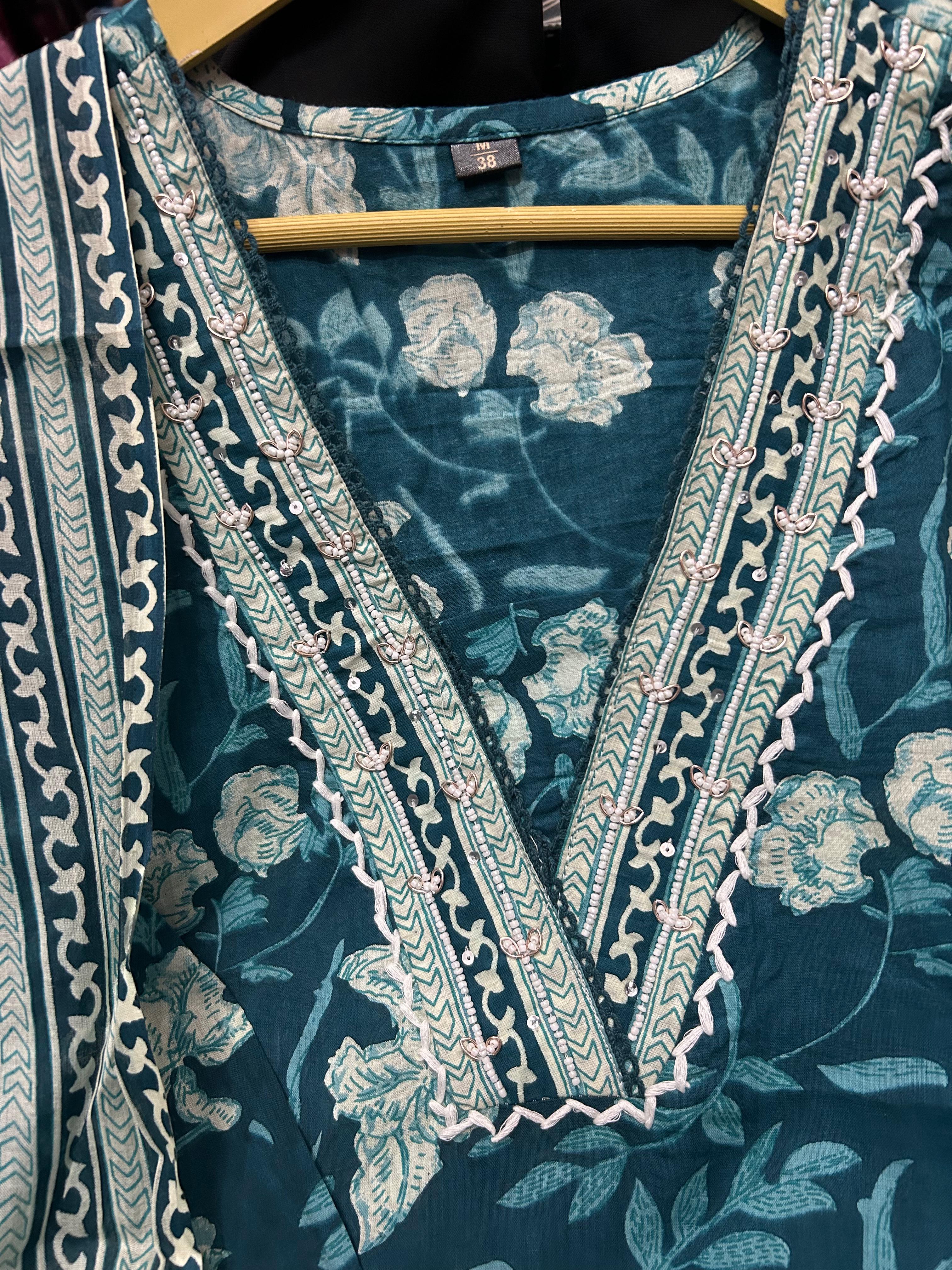 Cotton Kurta Set with Moti & Lace Embellishments