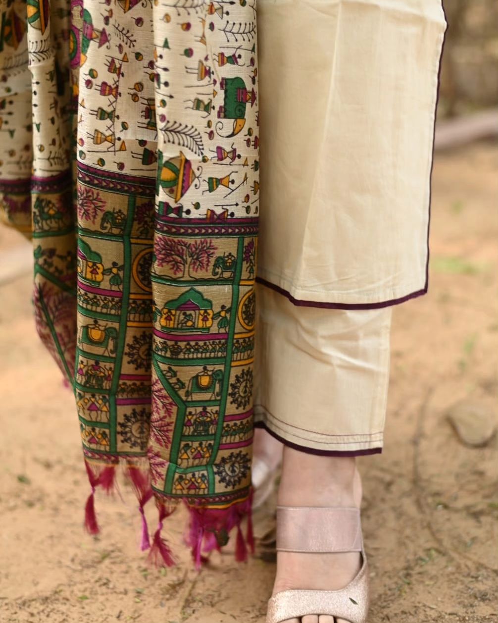 Cream Cotton Kurta Set with Zari Elephant Motifs and Warli Print Dupatta