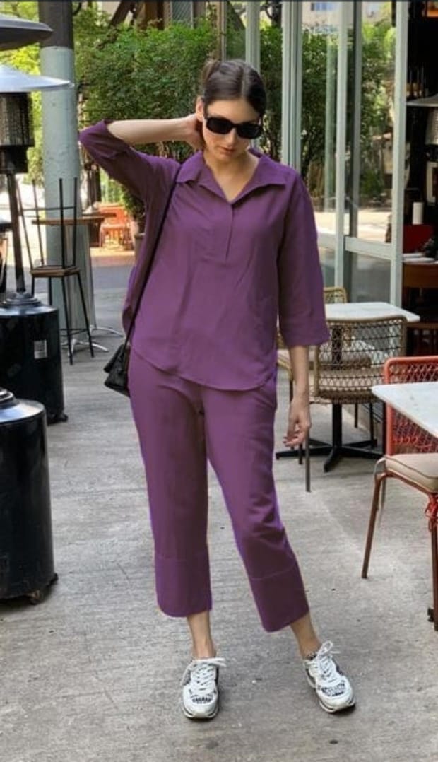 Purple Cotton Kurti Set - 3/4 Sleeve, Top & Bottom Inclusive