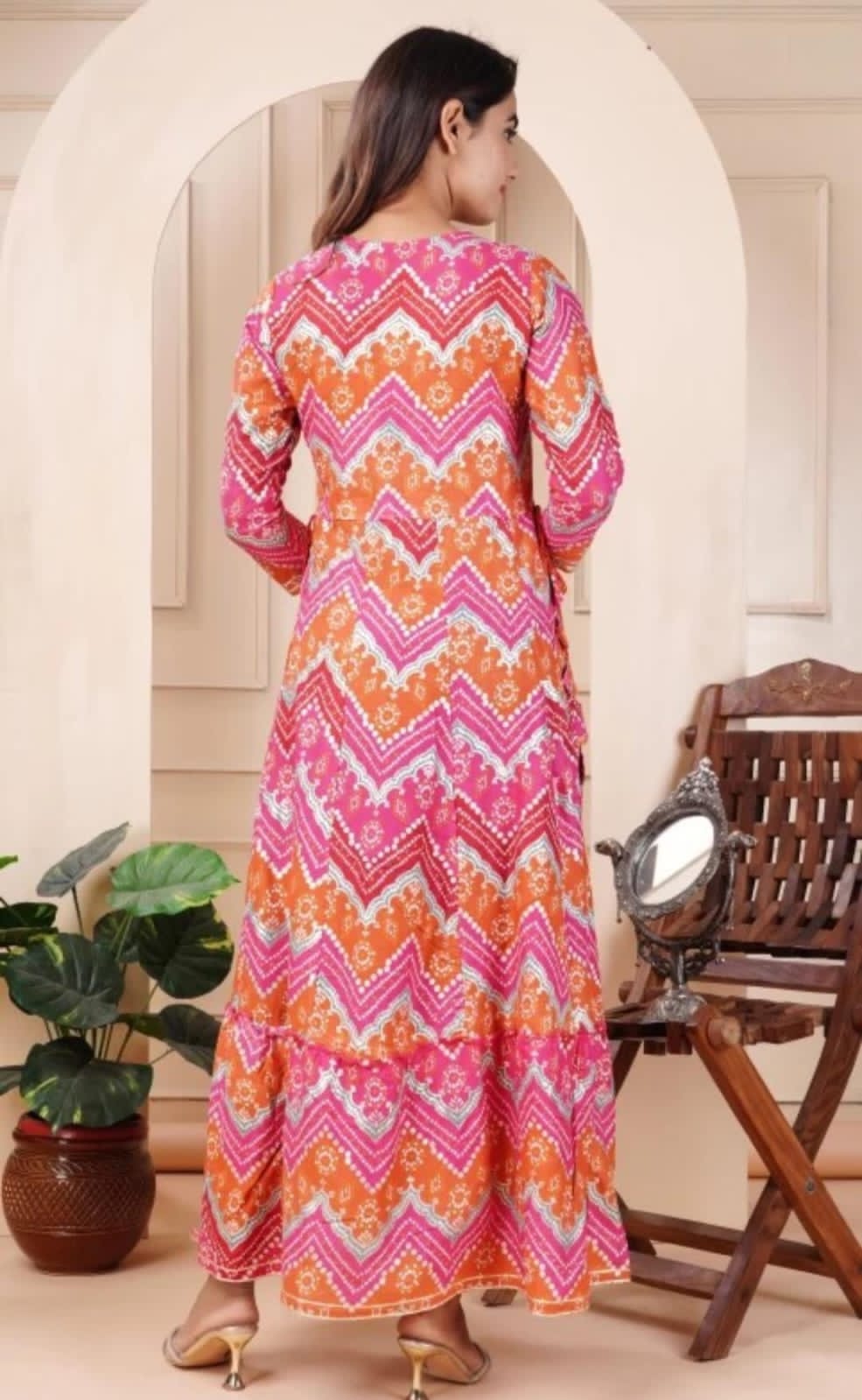 Bandhani Print Rayon Gown with Embroidery and Gota Work - Full Flair, 50" Length