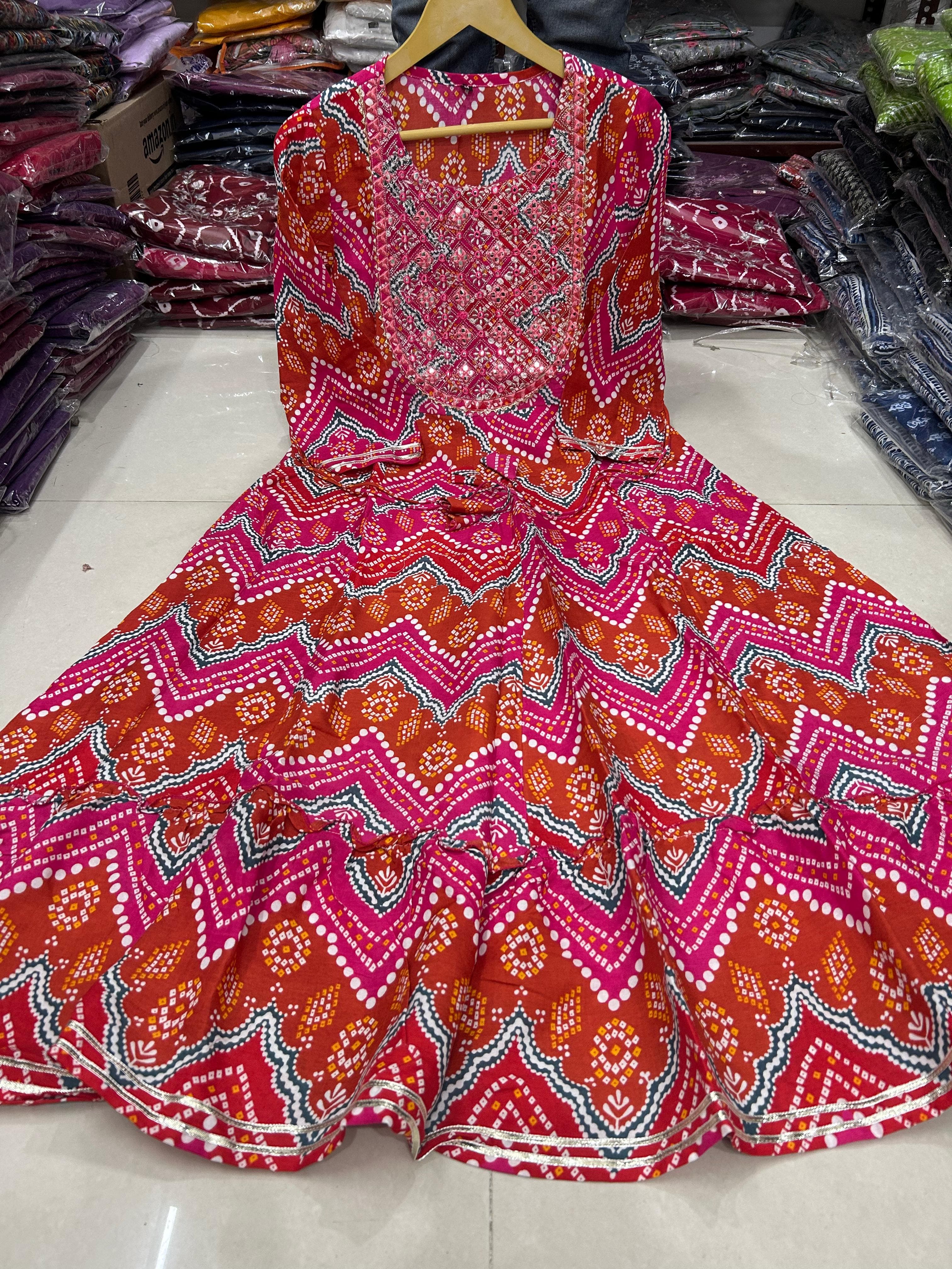 Bandhani Print Rayon Gown with Embroidery and Gota Work - Full Flair, 50" Length