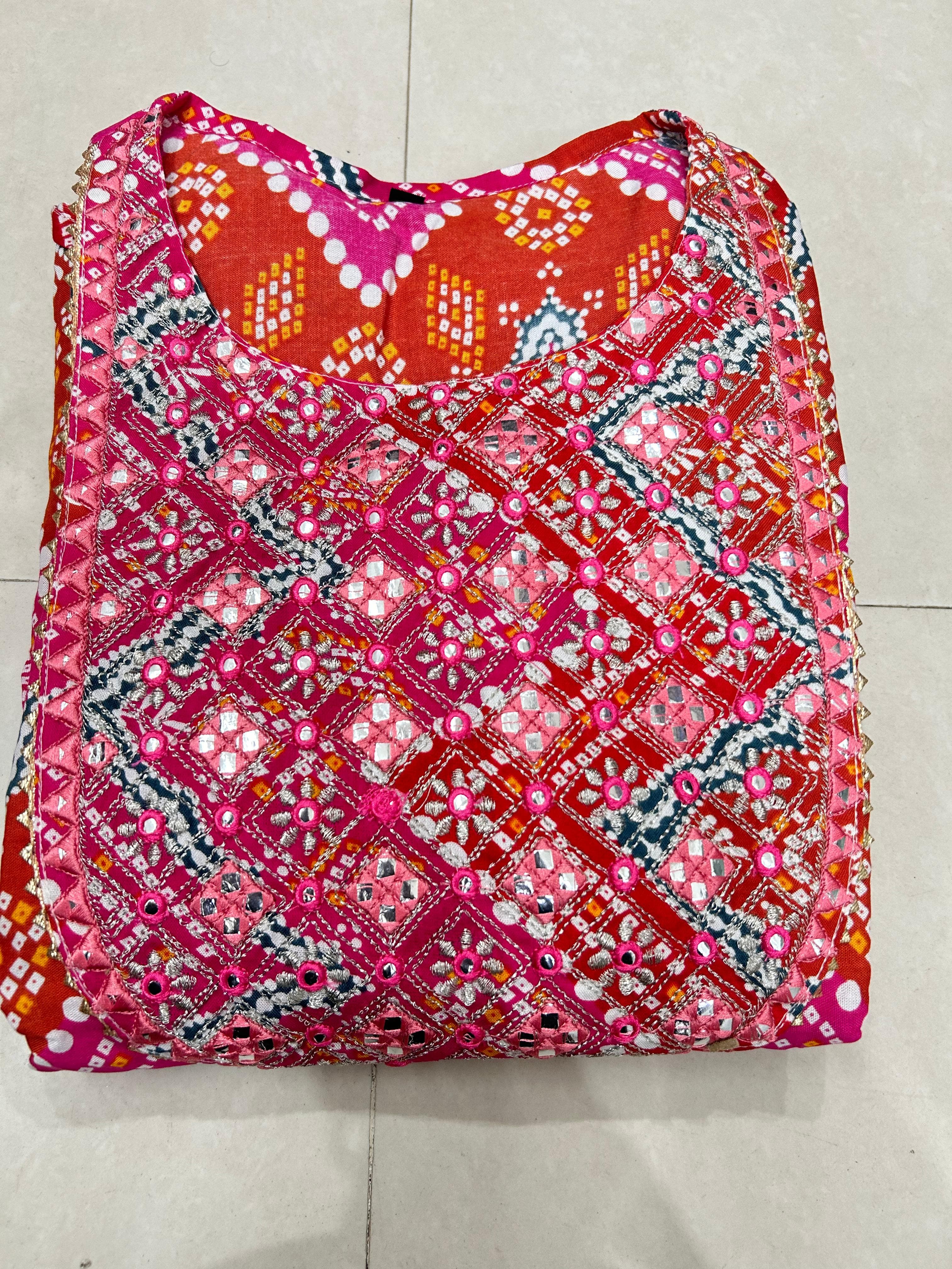 Bandhani Print Rayon Gown with Embroidery and Gota Work - Full Flair, 50" Length