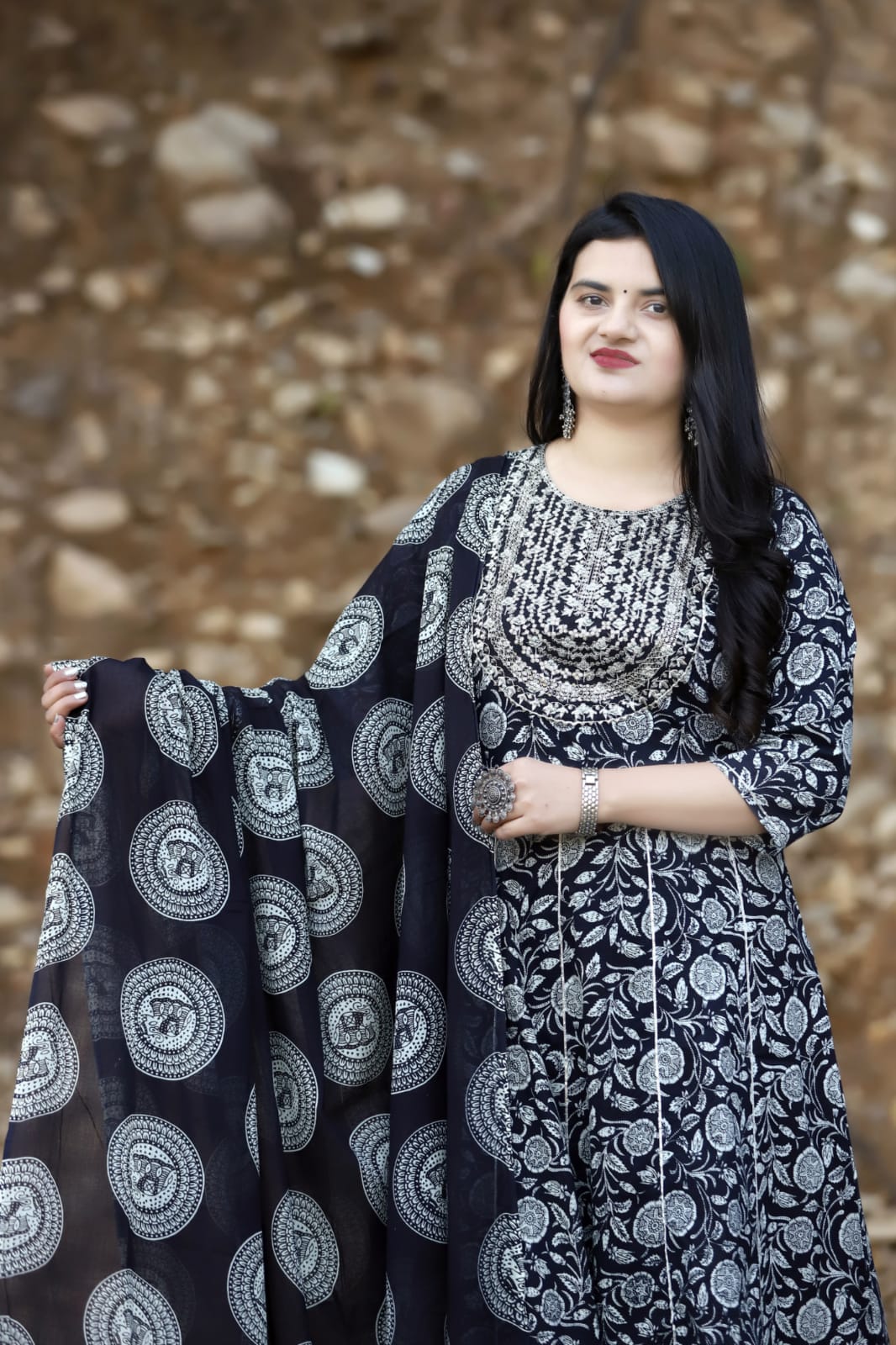 Black Cotton Suit with Embroidered Kurta, Cigarette Pant, and Malmal Dupatta