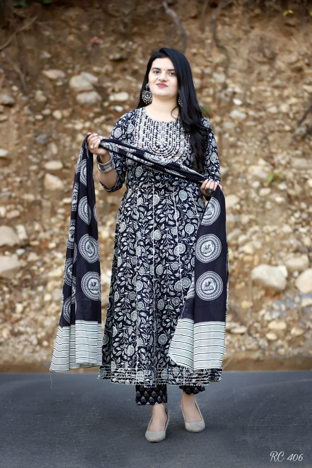 Black Cotton Suit with Embroidered Kurta, Cigarette Pant, and Malmal Dupatta