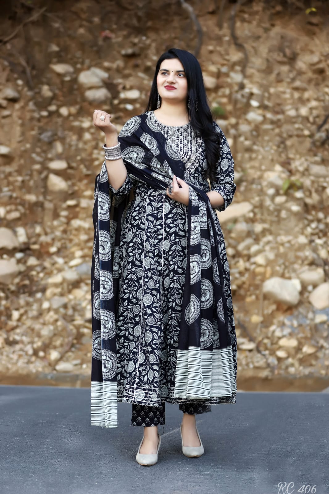 Black Cotton Suit with Embroidered Kurta, Cigarette Pant, and Malmal Dupatta