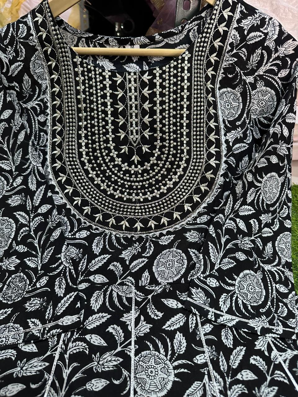 Black Cotton Suit with Embroidered Kurta, Cigarette Pant, and Malmal Dupatta