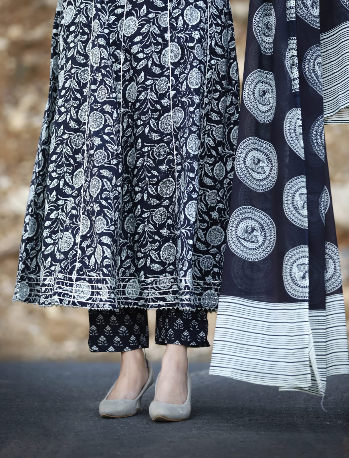 Black Cotton Suit with Embroidered Kurta, Cigarette Pant, and Malmal Dupatta