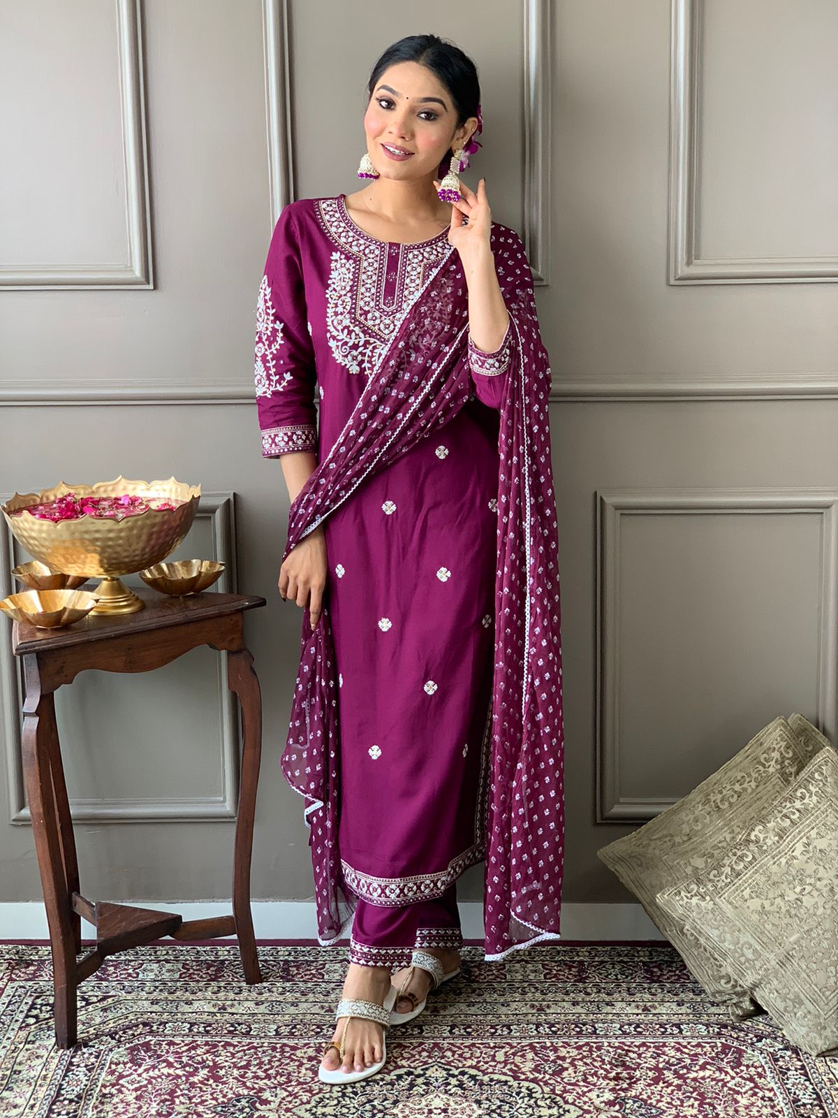Wine Embroidered Rayon Kurta Set with Pant and Dupatta