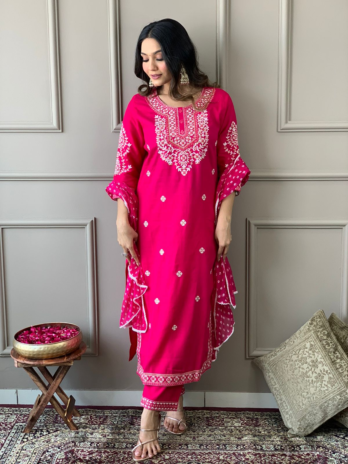 Hot Pink Rani Rayon Embroidered Kurta Set with Dupatta
