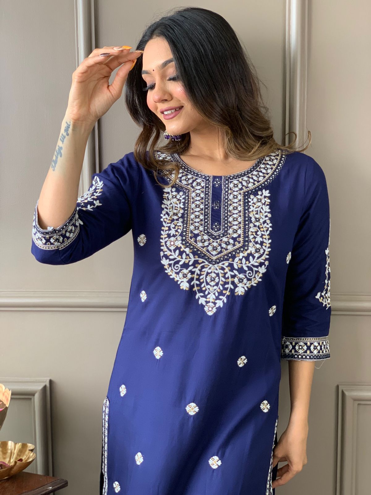 Navy Blue Embroidered Rayon Kurta Set with Pant and Dupatta