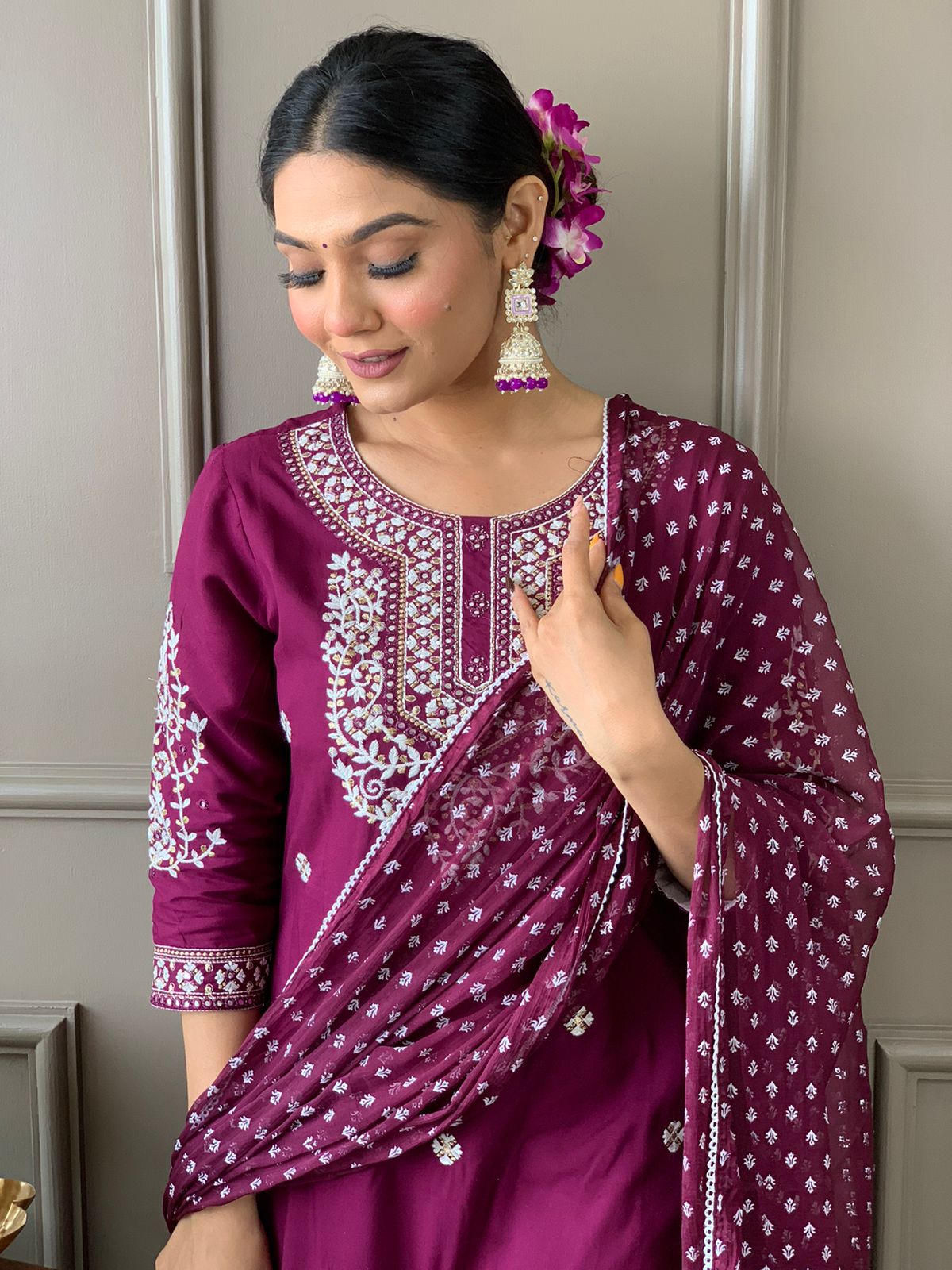 Wine Embroidered Rayon Kurta Set with Pant and Dupatta