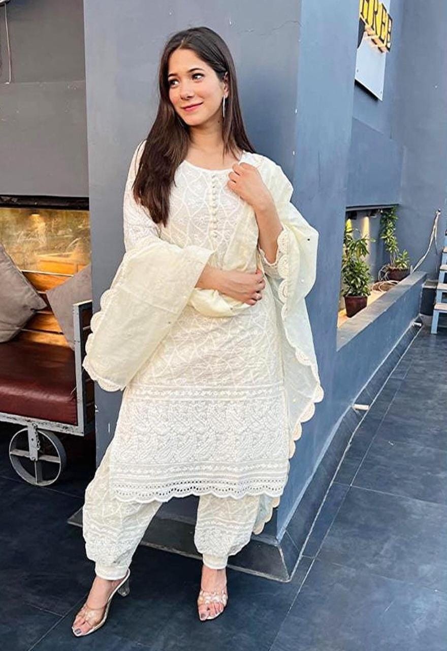 Chikankari Cream White Cotton Kurti Afghan Pant Set with Chanderi Dupatta