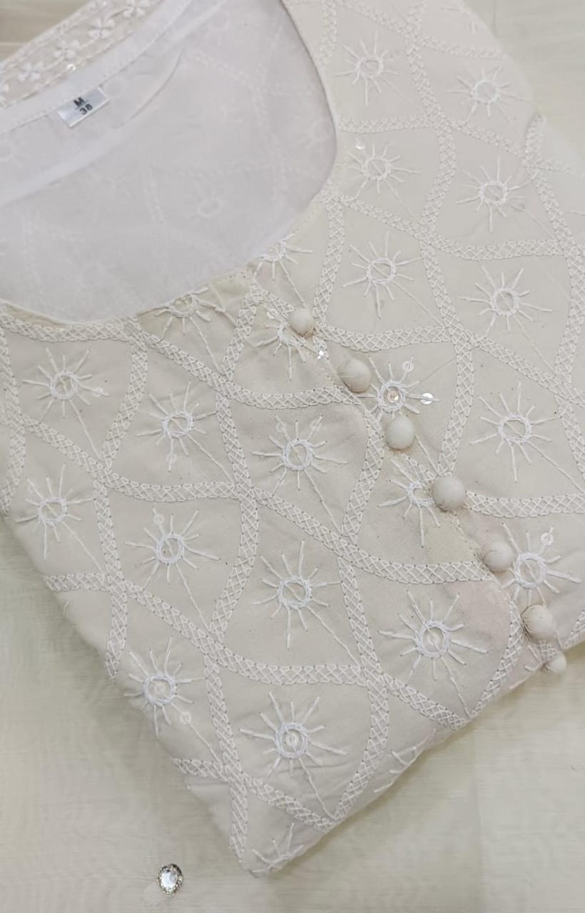 Chikankari Cream White Cotton Kurti Afghan Pant Set with Chanderi Dupatta