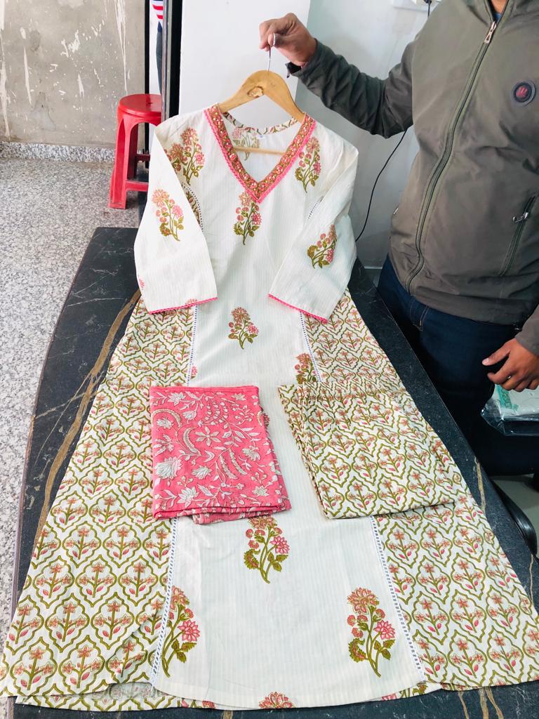 Pink Floral Afghani Suit Set with Motif Decorations - Cotton Fabric - 3 Piece Ensemble