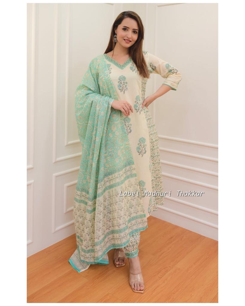 Green Floral Afghani Suit Set with Cotton Fabric - Top, Bottom & Dupatta