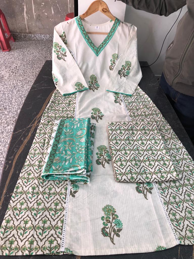 Green Floral Afghani Suit Set with Cotton Fabric - Top, Bottom & Dupatta