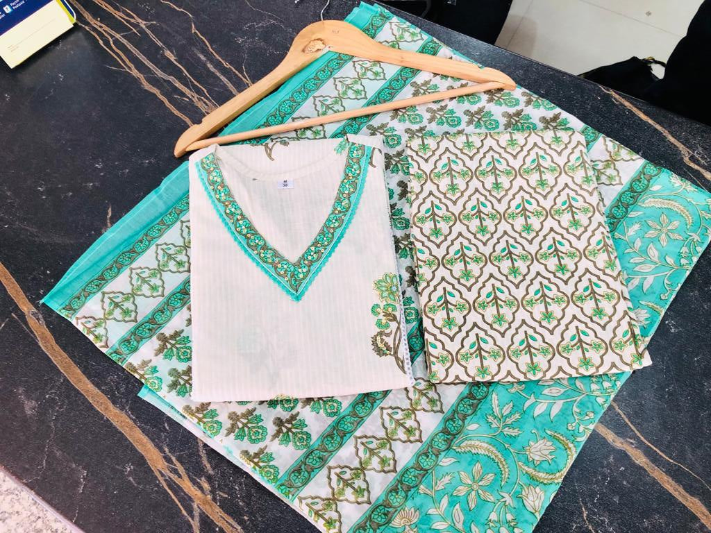 Green Floral Afghani Suit Set with Cotton Fabric - Top, Bottom & Dupatta