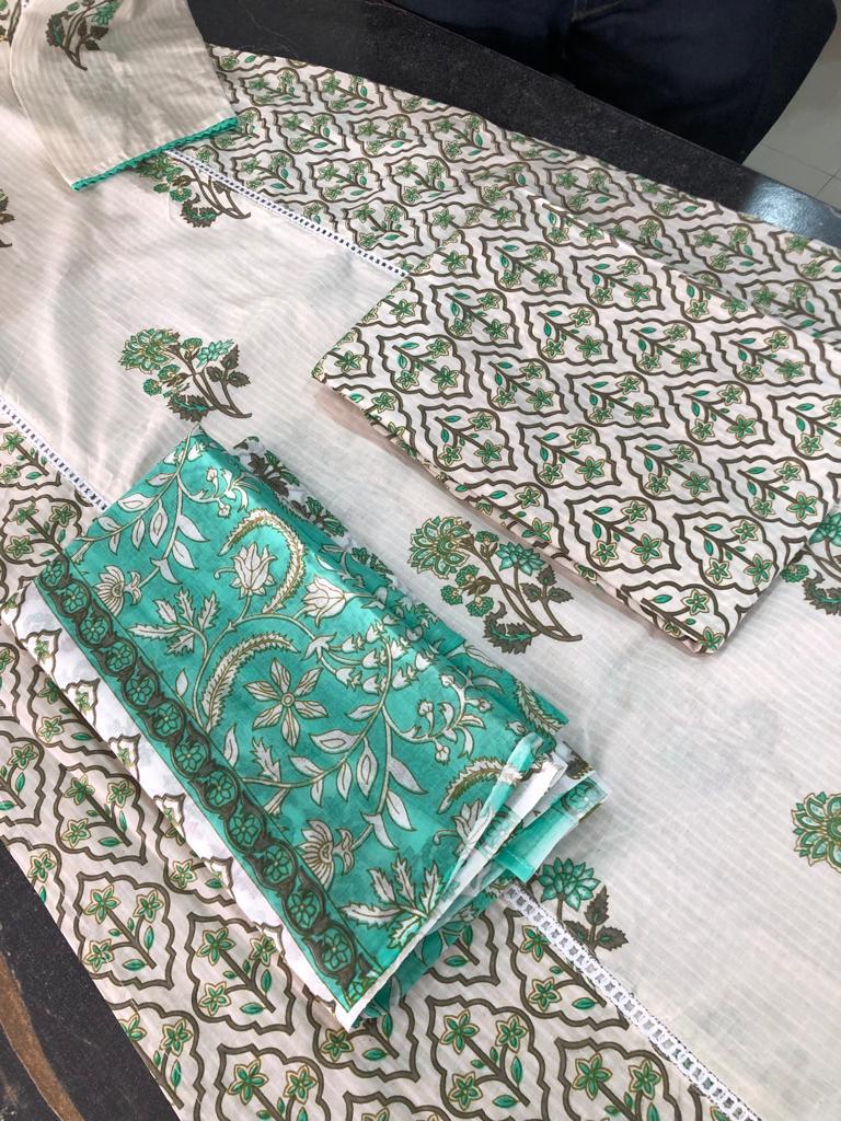 Green Floral Afghani Suit Set with Cotton Fabric - Top, Bottom & Dupatta