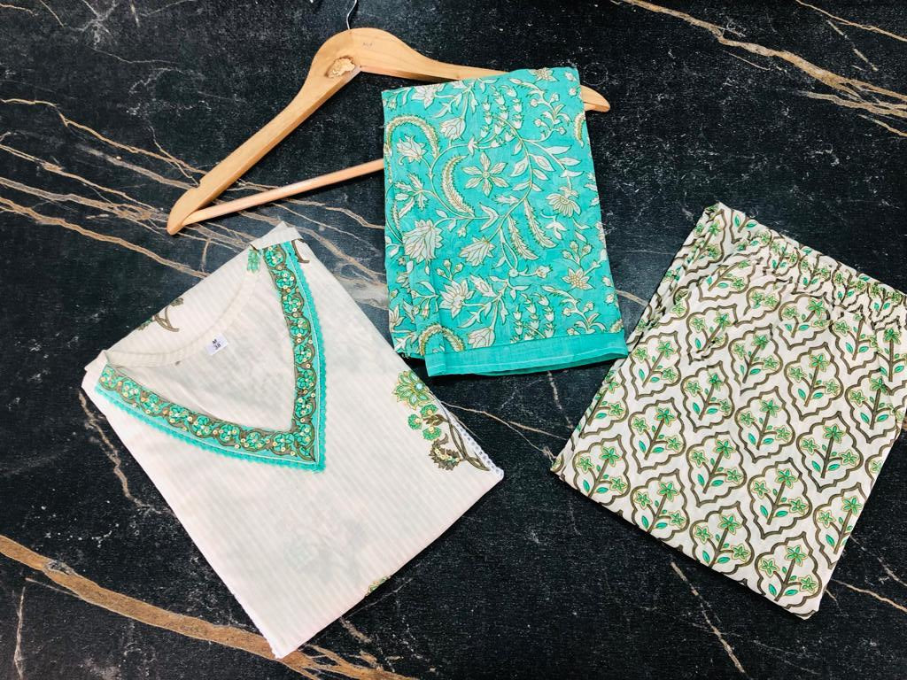 Green Floral Afghani Suit Set with Cotton Fabric - Top, Bottom & Dupatta
