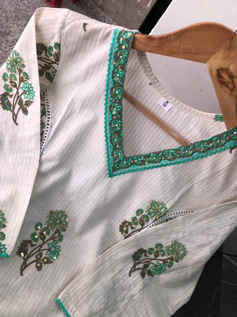 Green Floral Afghani Suit Set with Cotton Fabric - Top, Bottom & Dupatta