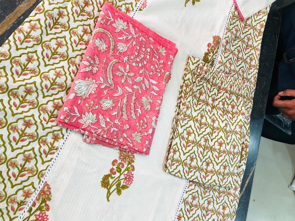 Pink Floral Afghani Suit Set with Motif Decorations - Cotton Fabric - 3 Piece Ensemble