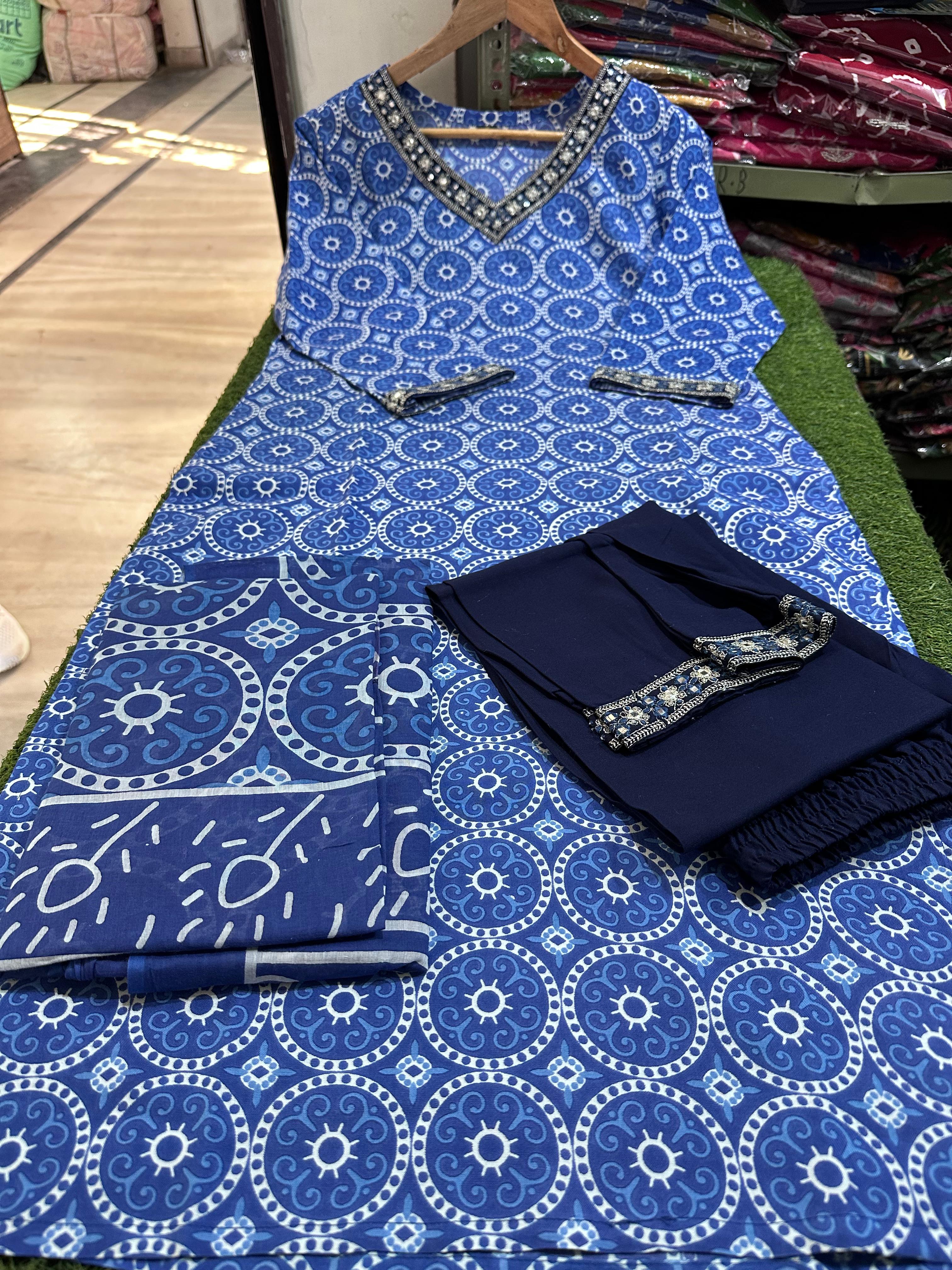 Rayon Embroidered Kurti Pant Set with Malmal Dupatta