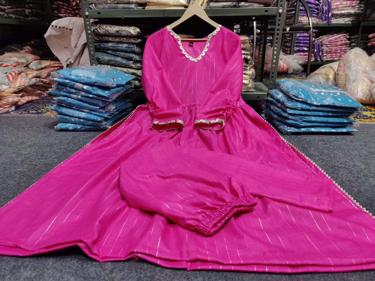 Rani Cotton Lurex Kurti Pant Set with Nayra Cut and Sleeve Work