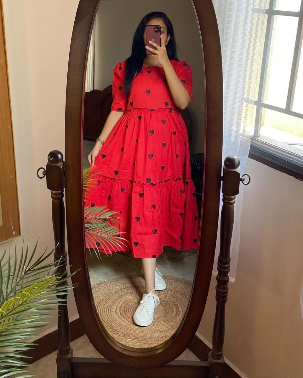 Red Cotton Midi Dress