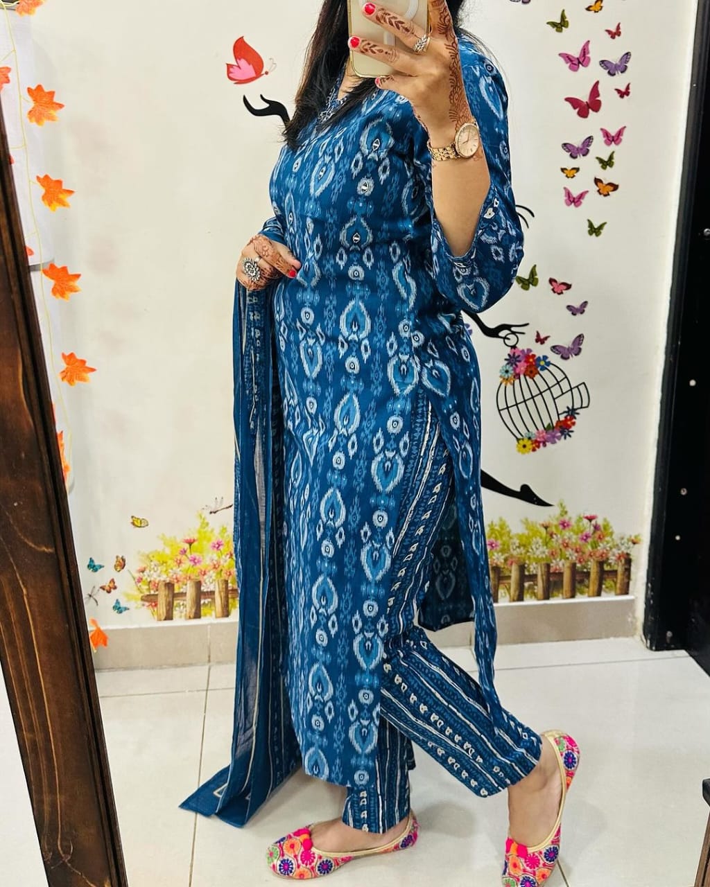 Blue Printed Cotton Kurta Set with Embroidered Neck and Cotton Dupatta
