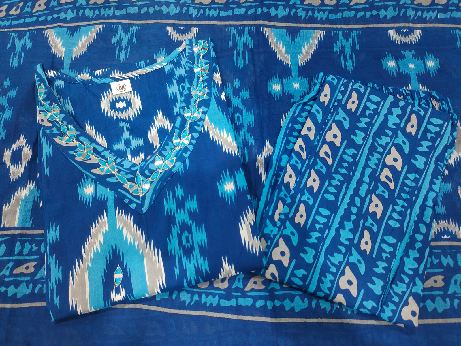 Blue Printed Cotton Kurta Set with Embroidered Neck and Cotton Dupatta
