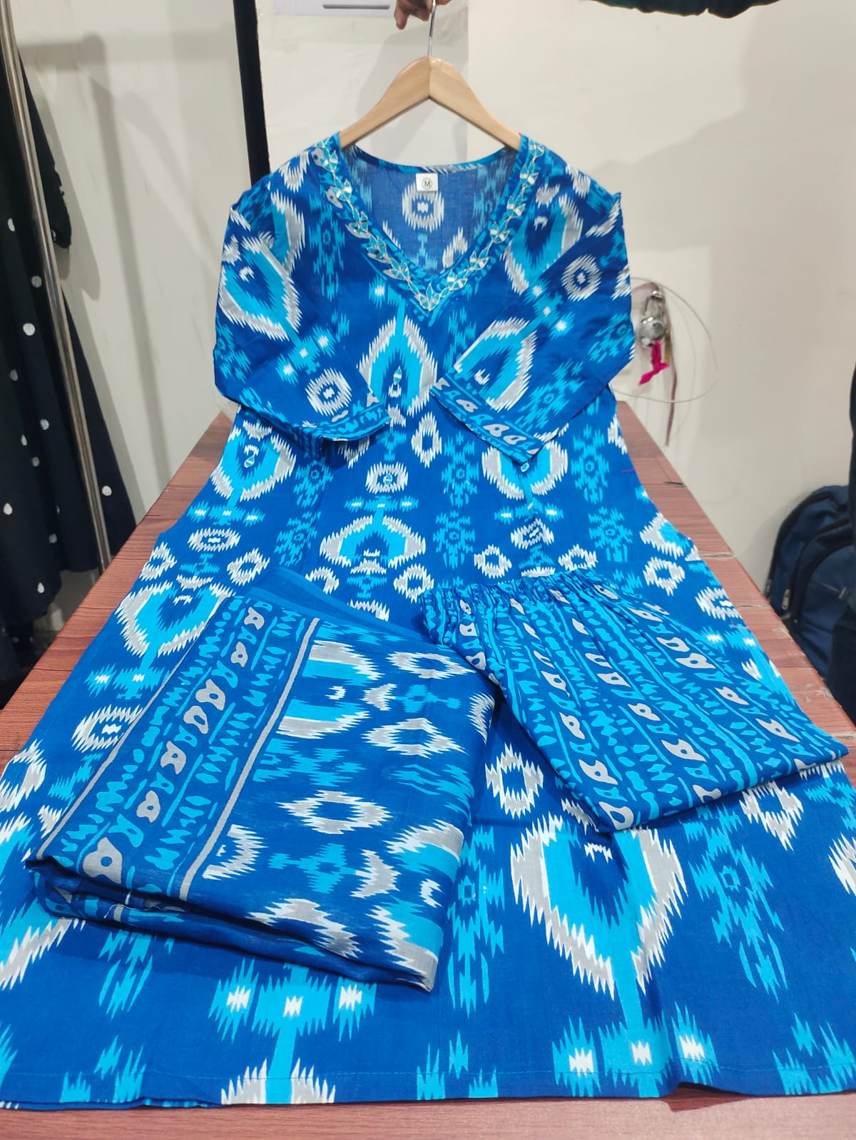 Blue Printed Cotton Kurta Set with Embroidered Neck and Cotton Dupatta
