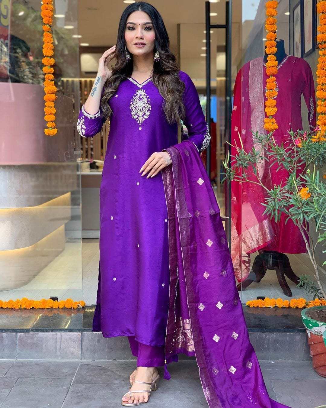 Purple Mirror Work Suit Set in Banana Cotton Silk