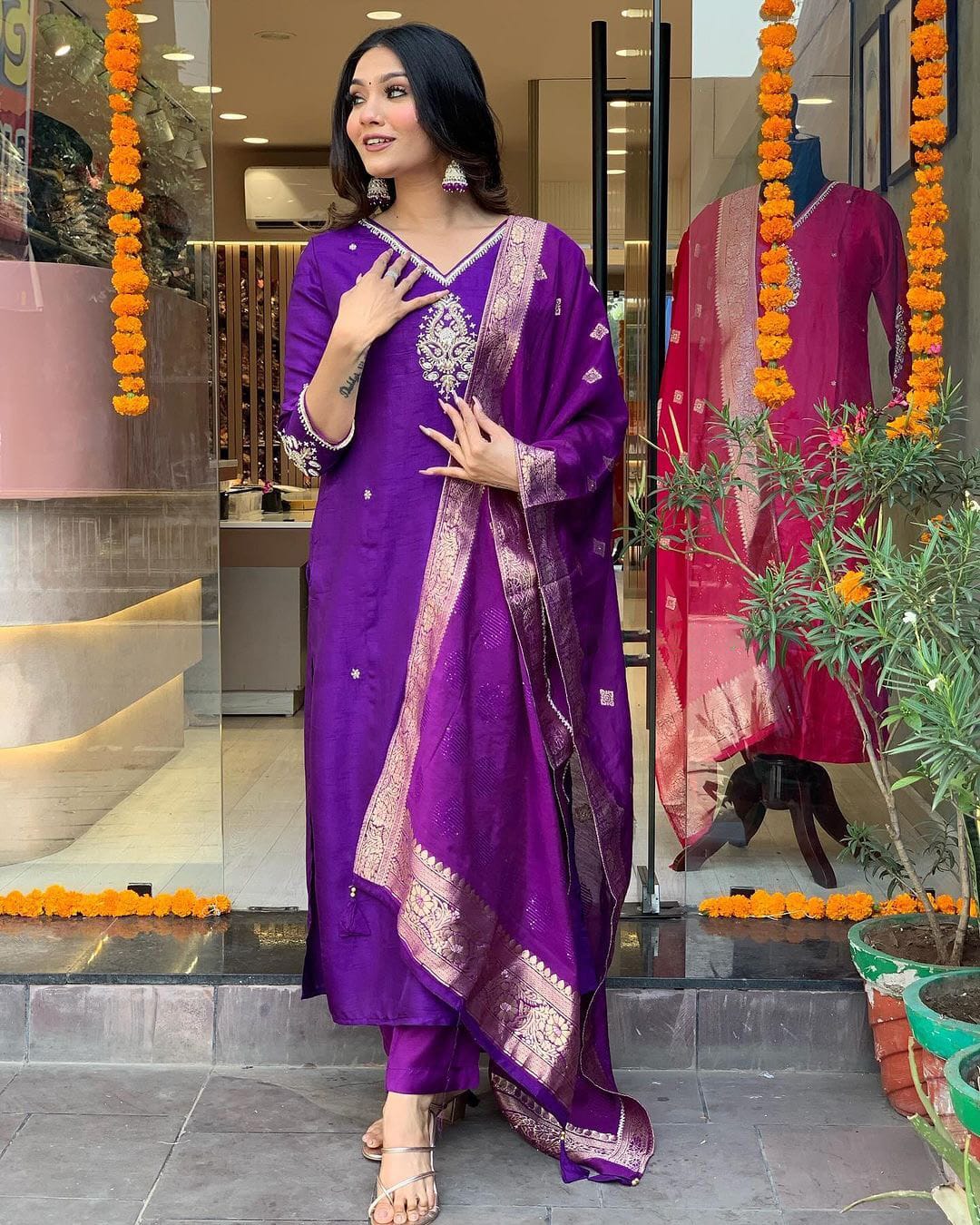 Purple Mirror Work Suit Set in Banana Cotton Silk