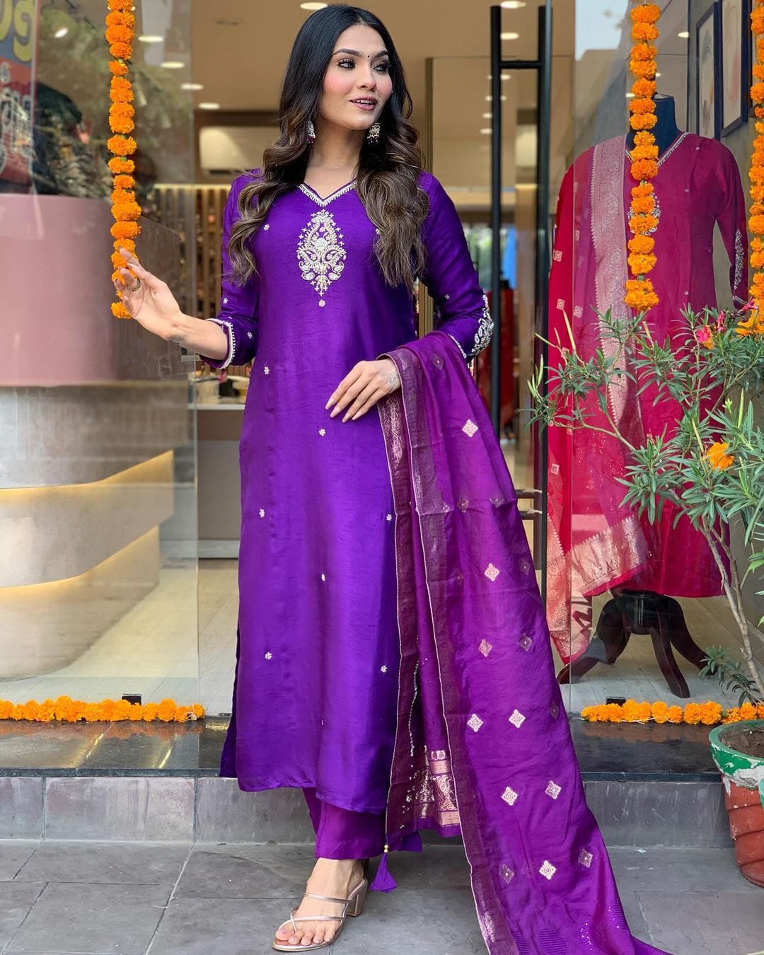 Purple Mirror Work Suit Set in Banana Cotton Silk