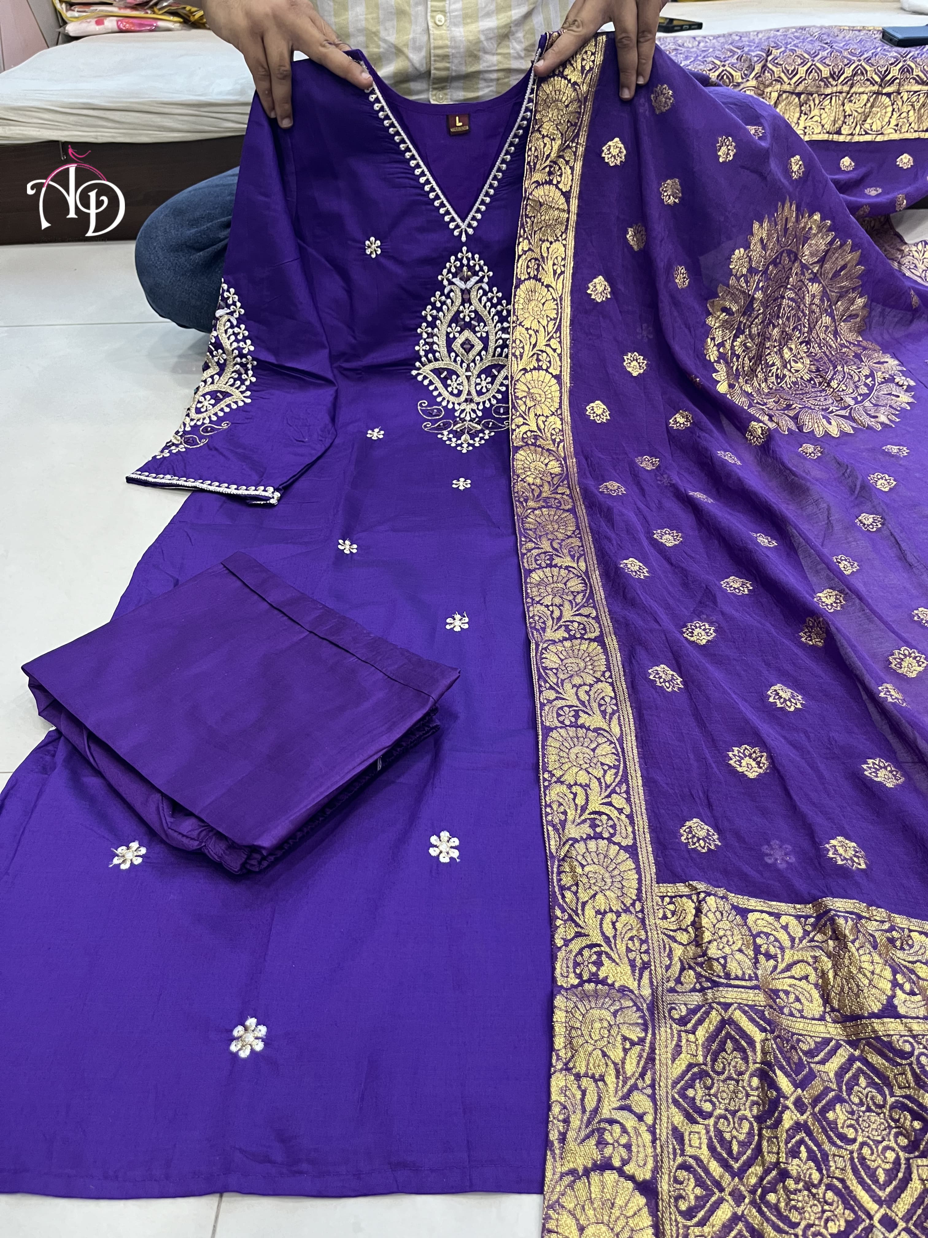 Purple Mirror Work Suit Set in Banana Cotton Silk