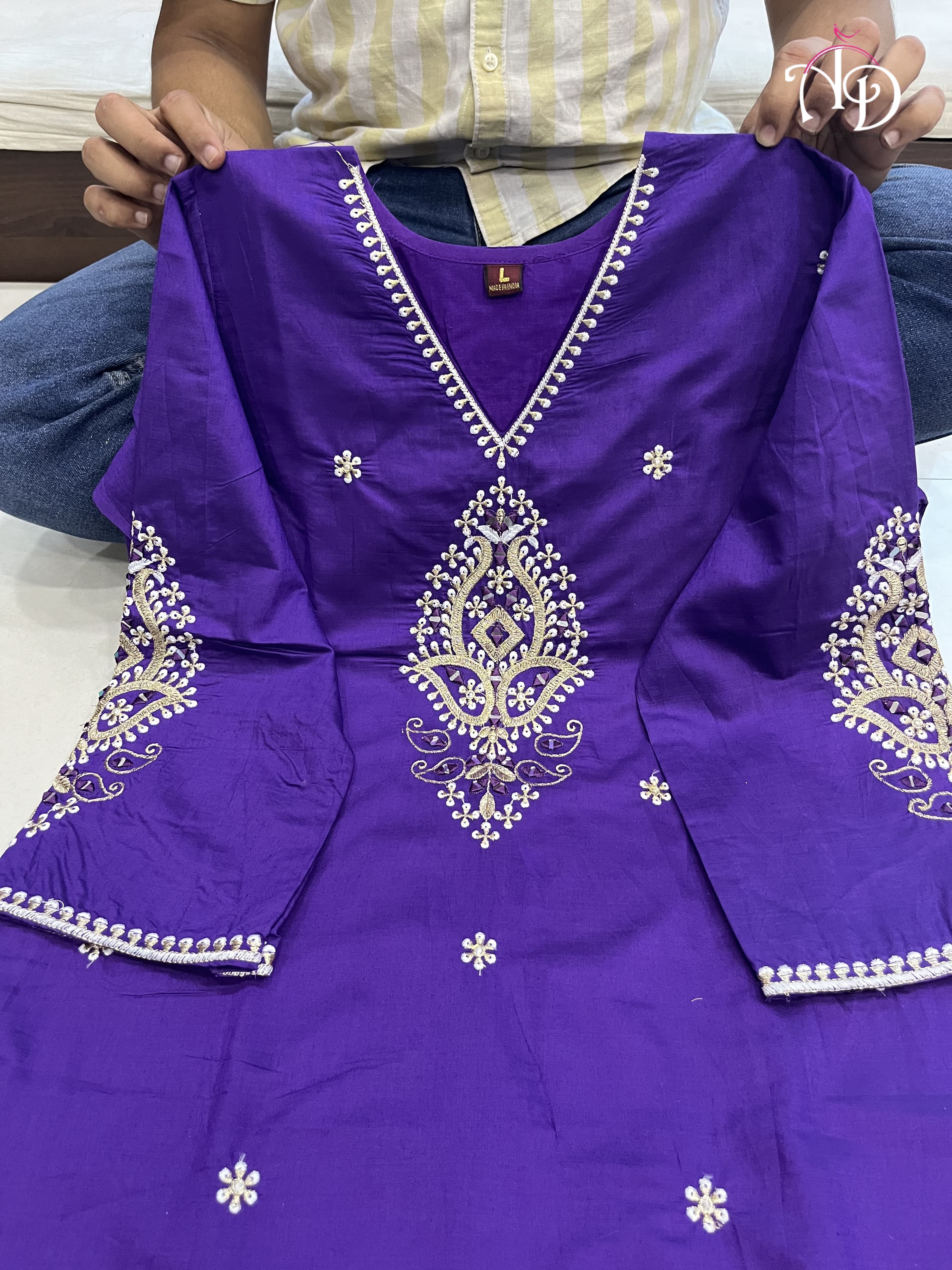 Purple Mirror Work Suit Set in Banana Cotton Silk