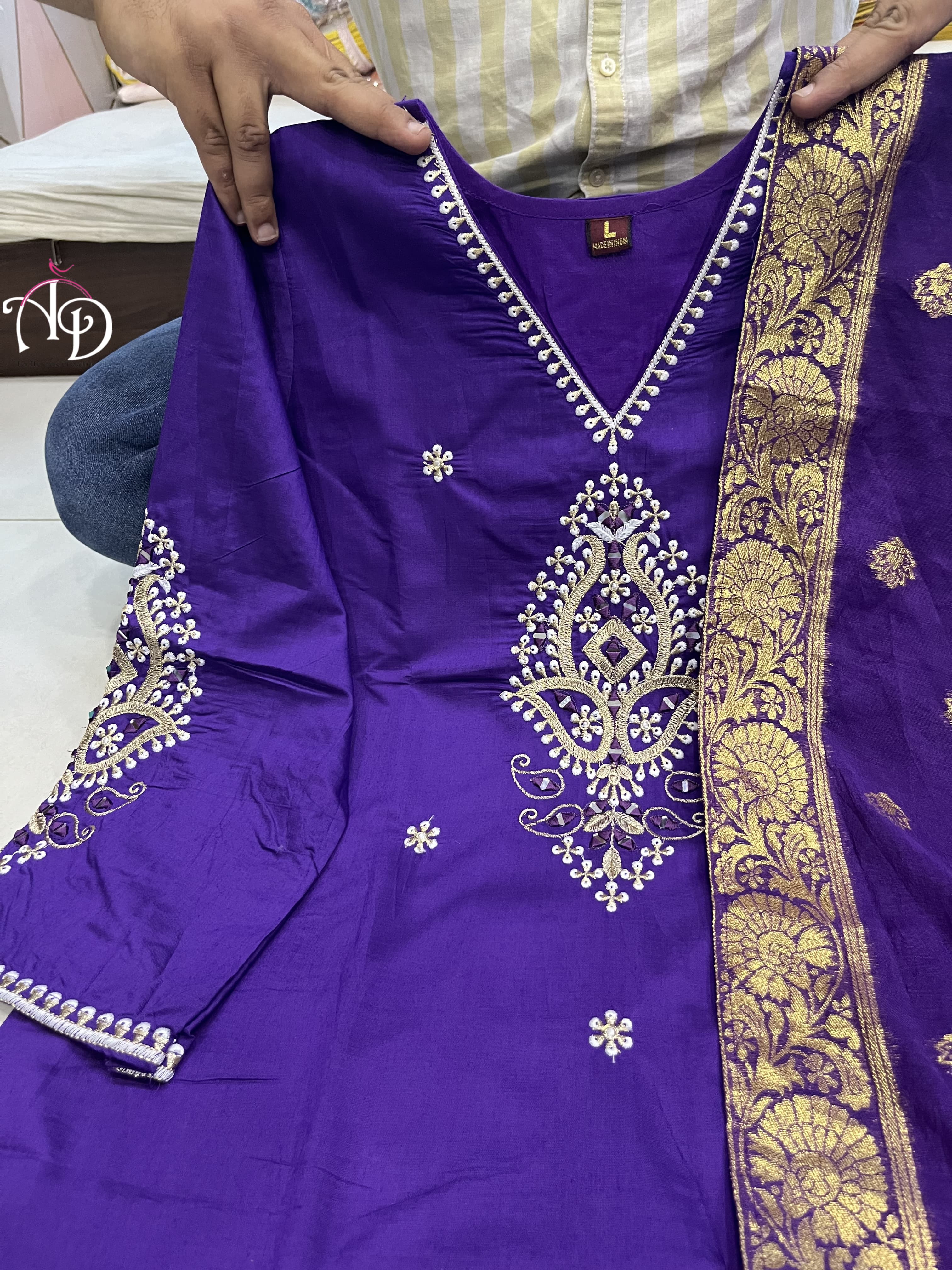 Purple Mirror Work Suit Set in Banana Cotton Silk