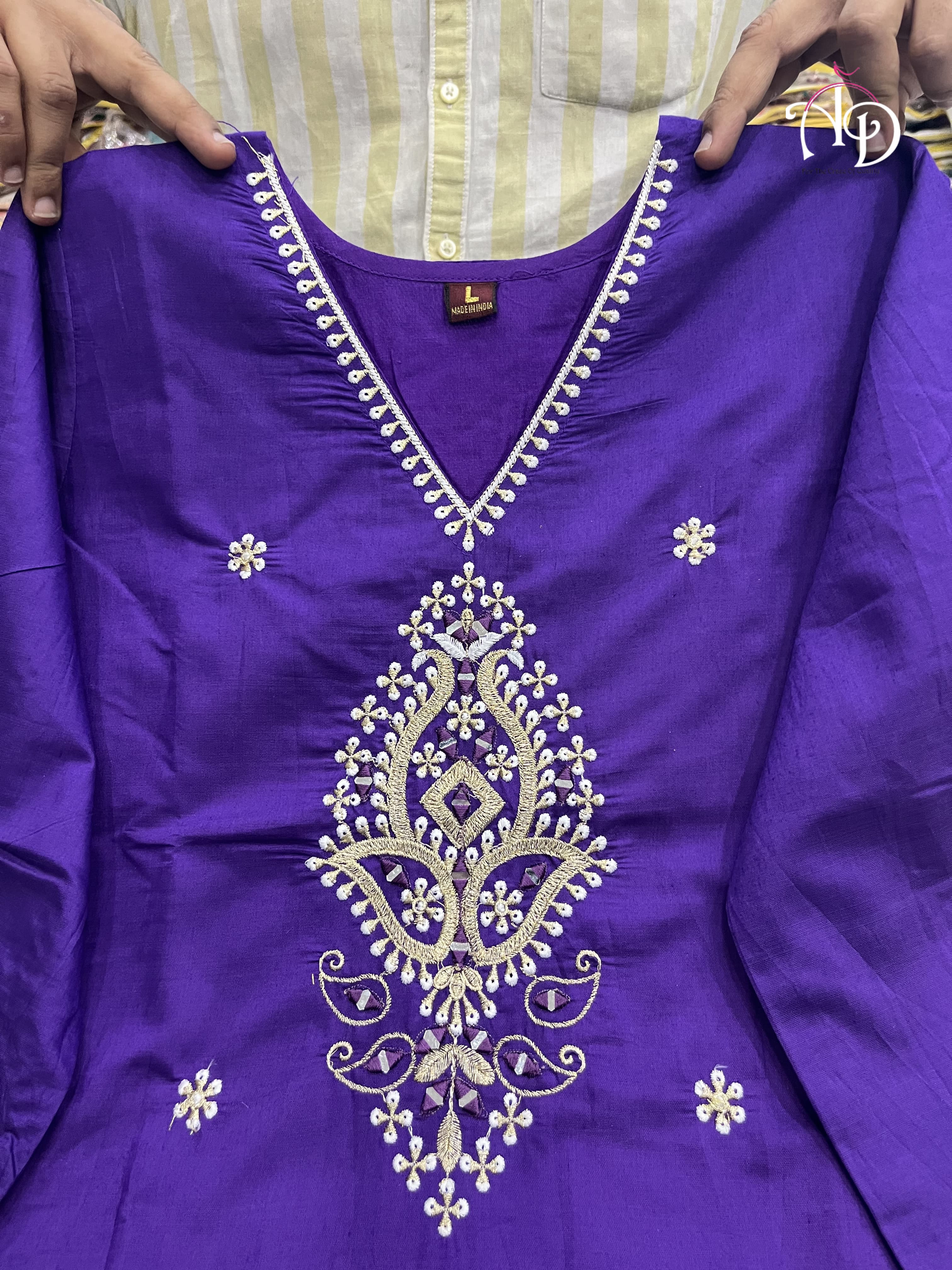 Purple Mirror Work Suit Set in Banana Cotton Silk