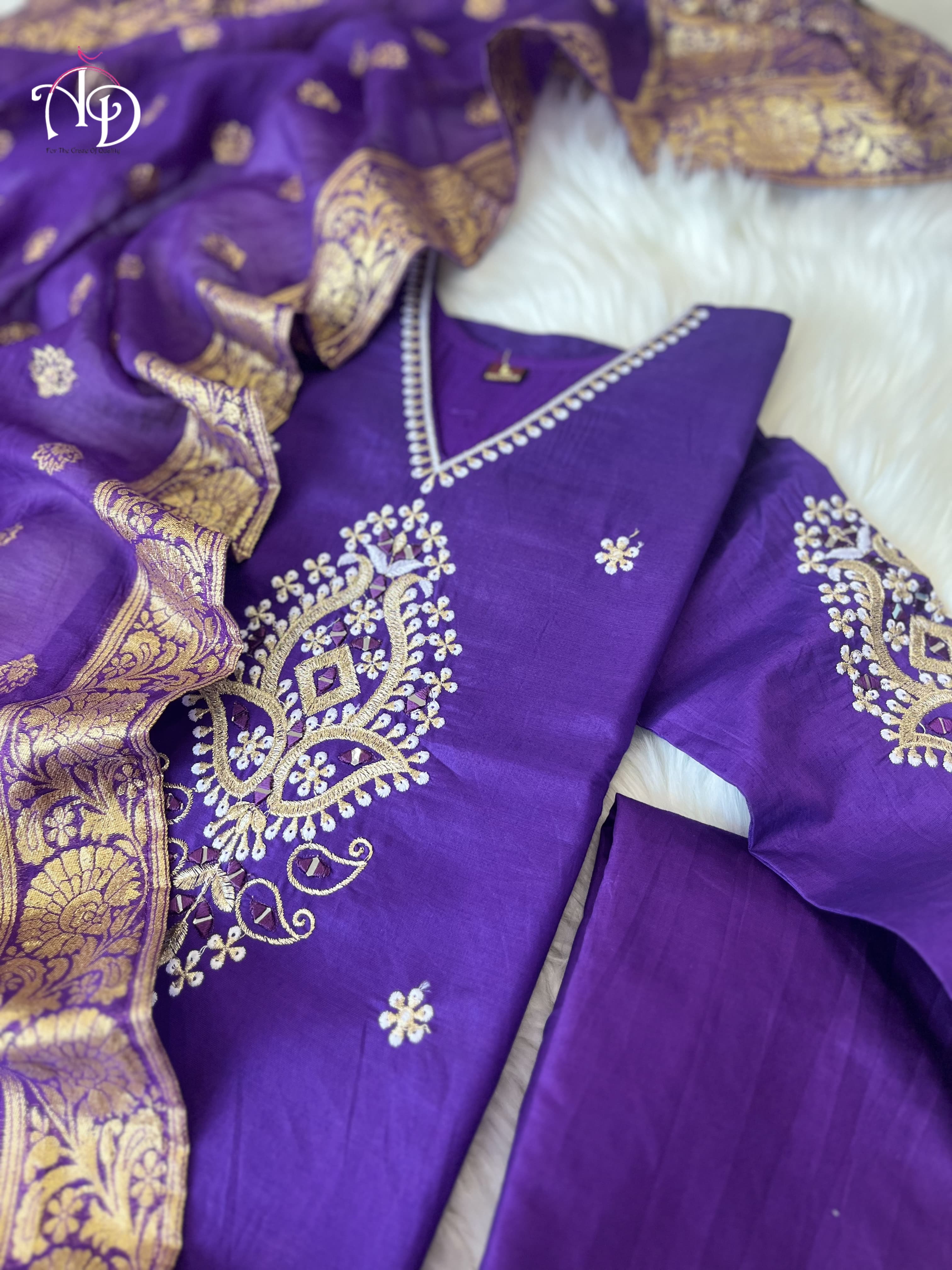 Purple Mirror Work Suit Set in Banana Cotton Silk