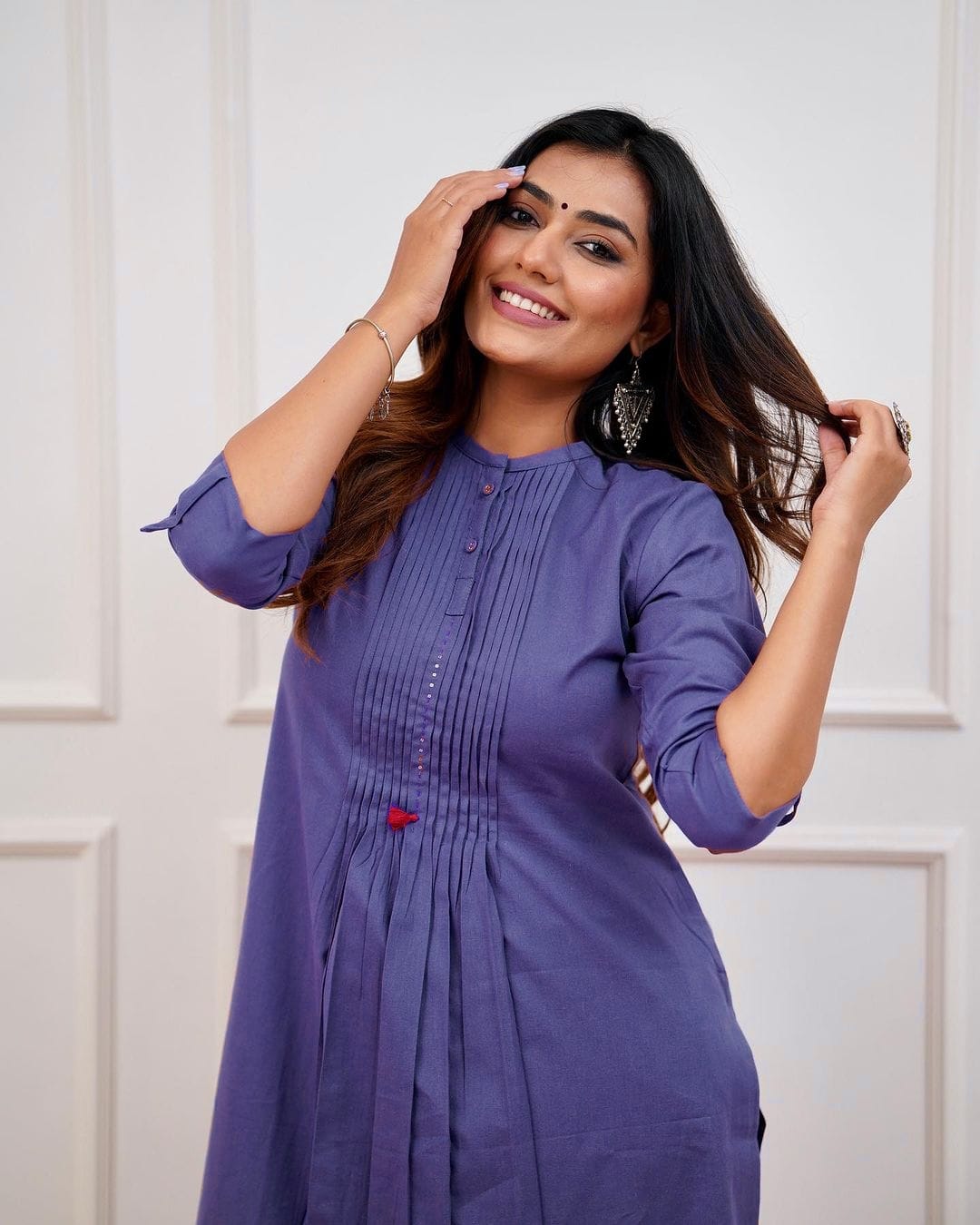 Blue Cotton Pant Set with Pleated Kurta